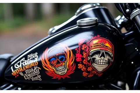 Motorcycle tank adorned with a collection of vibrant, custom vinyl stickers