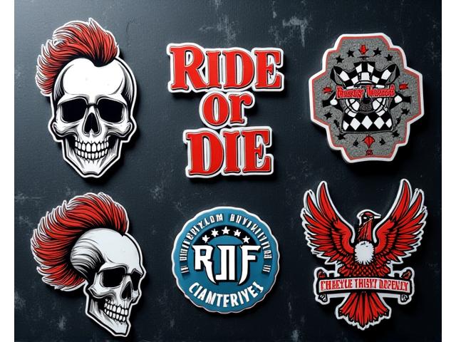 Assortment of vibrant, rebellious motorcycle stickers, including skull motifs and classic biker sayings.