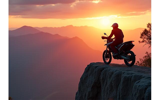 Motorcycle parked at a breathtaking mountain vista, suggesting adventure riding.