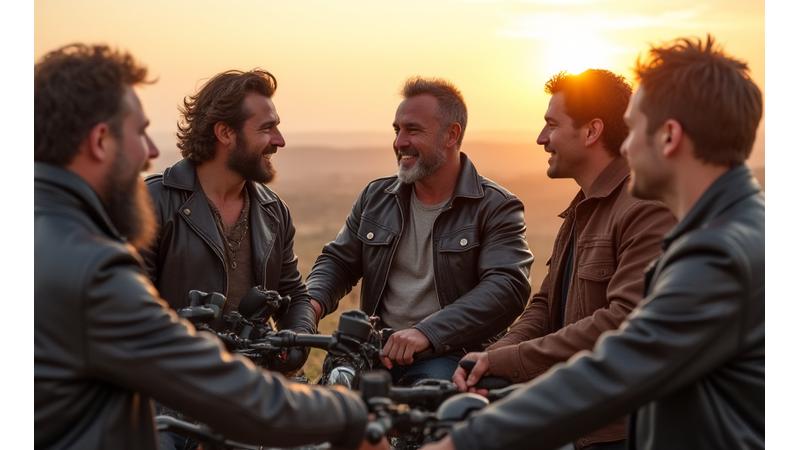 Diverse group of motorcyclists gathered around bikes, laughing and sharing stories, symbolizing community